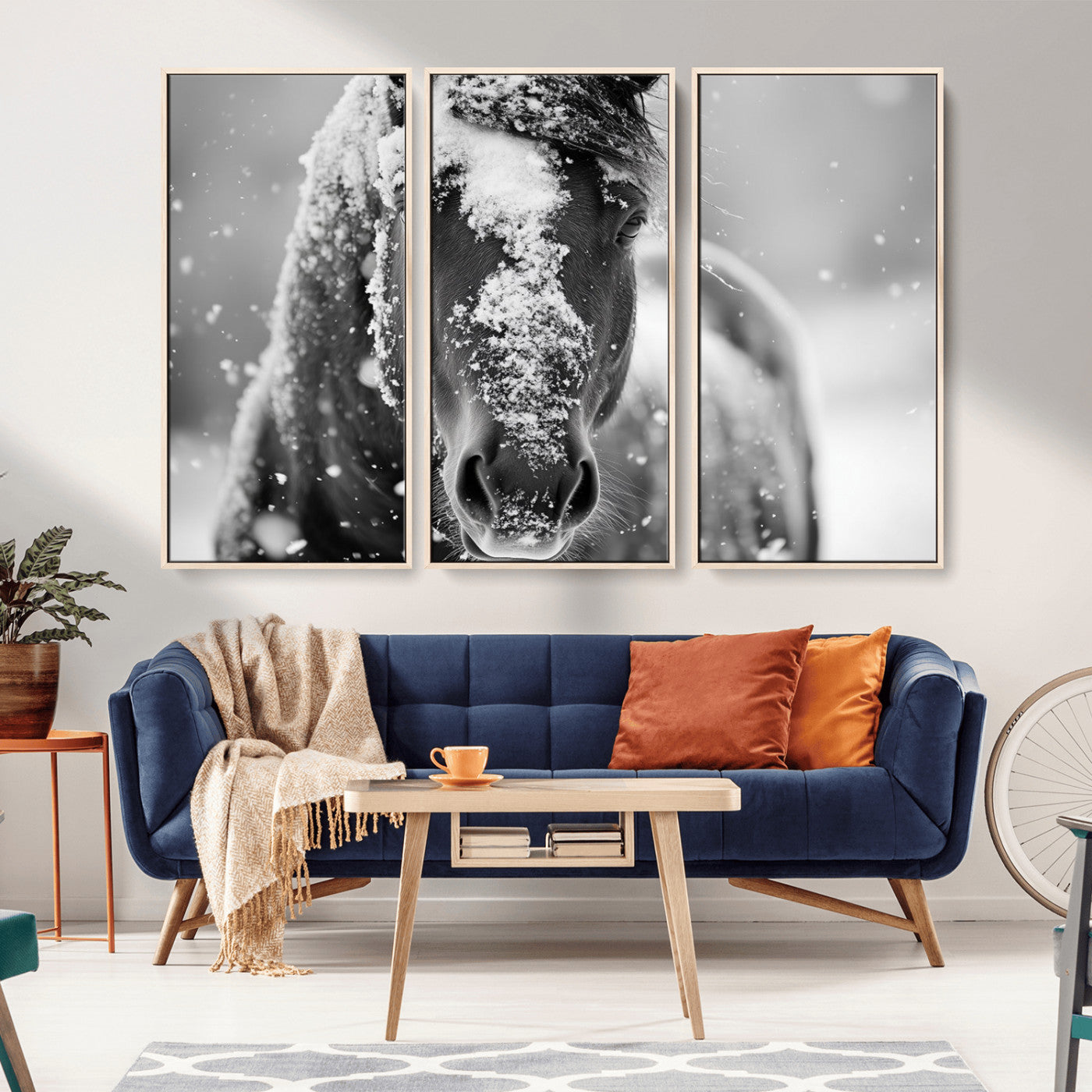 MGV-FC-48X32-3P - Black and White Horse Winter Wall Art | Ready to Hang and Framed | Farmhouse Wall Decor | Western