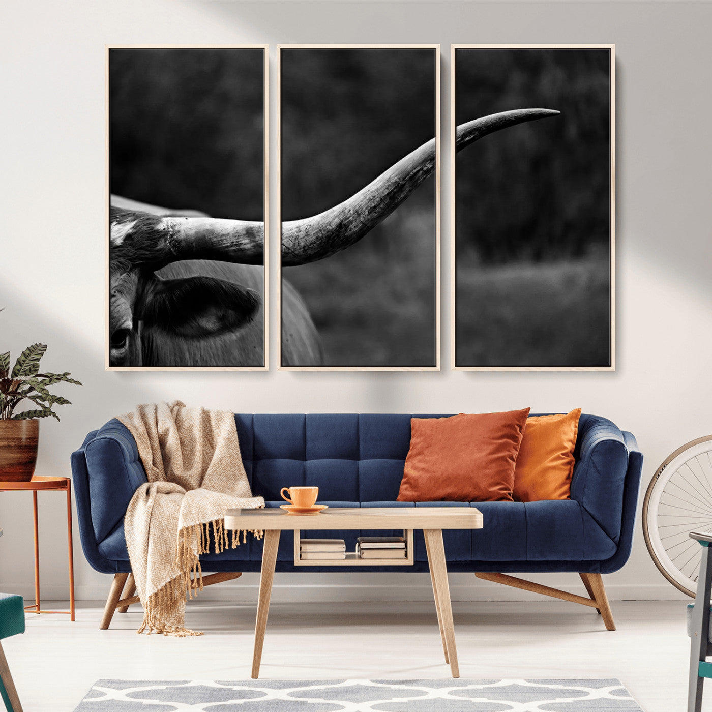 MGV-FC-48X32-3P - Cow Longhorn Wall Art | Black and White Print | Ready to Hang and Framed | Farmhouse Wall Decor |