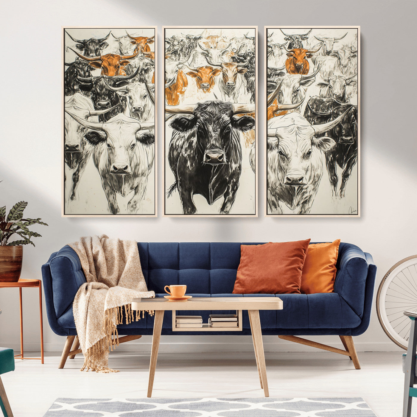 MGV-FC-48X32-3P - Farmhouse Wall Art | Western Longhorn Cattle Canvas Print | Ready to Hang and Framed Barn Decor