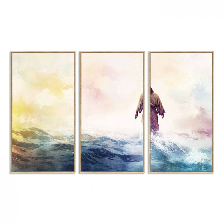 A robed figure strides on water in gentle waves, evoking the Watercolor Jesus Walking on Water canvas art.