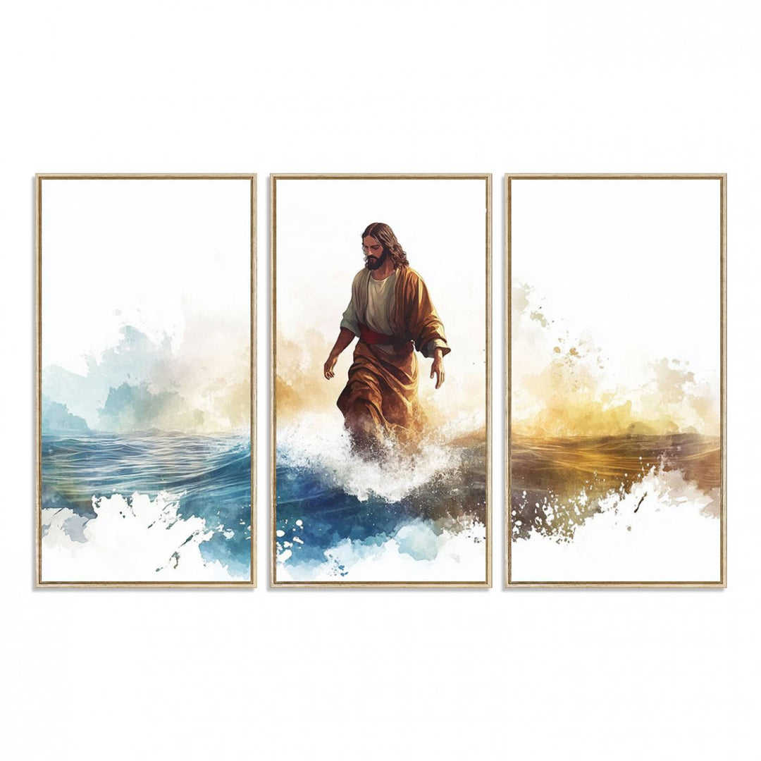 This watercolor canvas print depicts Jesus walking, characterized by abstract splashes against a serene background. It serves as a beautiful piece of Christian wall art.