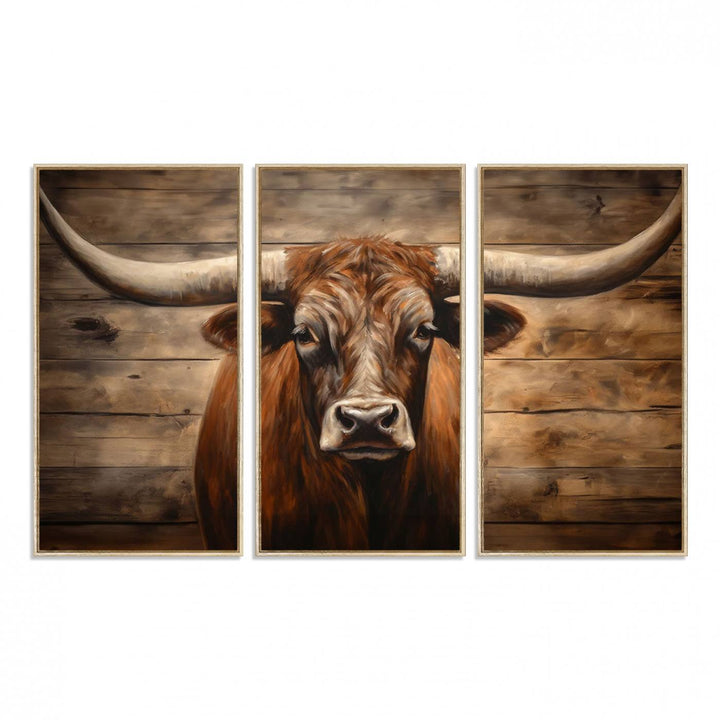 Longhorn Bull Canvas Print: Rustic Farmhouse Decor, Ready to Hang Western Barn Art.