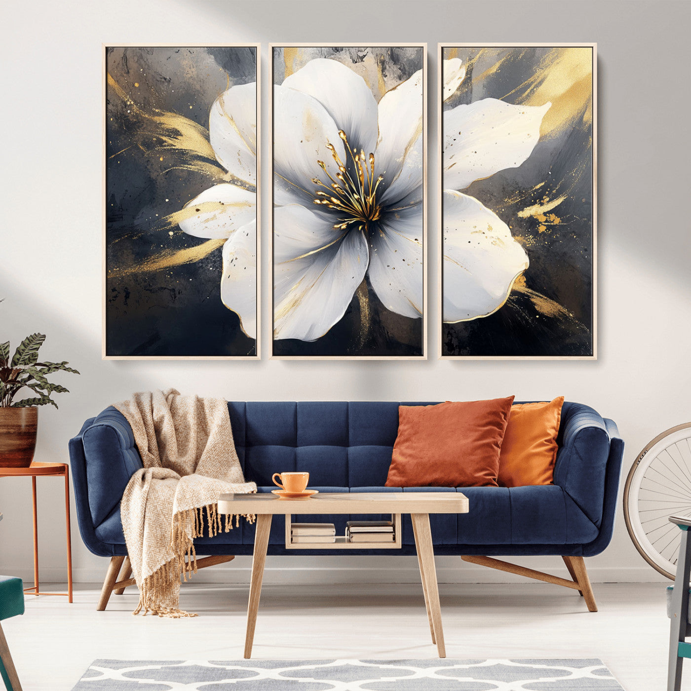 MGV-FC-48X32-3P - White Flower Wall Art Canvas Print | Ready to Hang | Abstract Floral Wall Decor | Elegant Bloom
