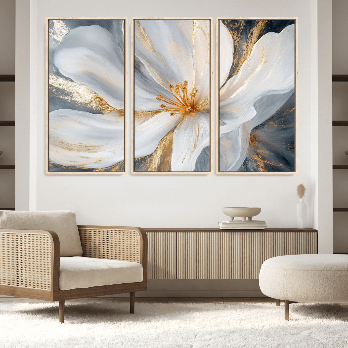 83149-MGV-FC-48X32-3P_Natural-White and Gold Floral Canvas Wall Art - Framed and Ready to Hang - Perfect for Modern Living Rooms
