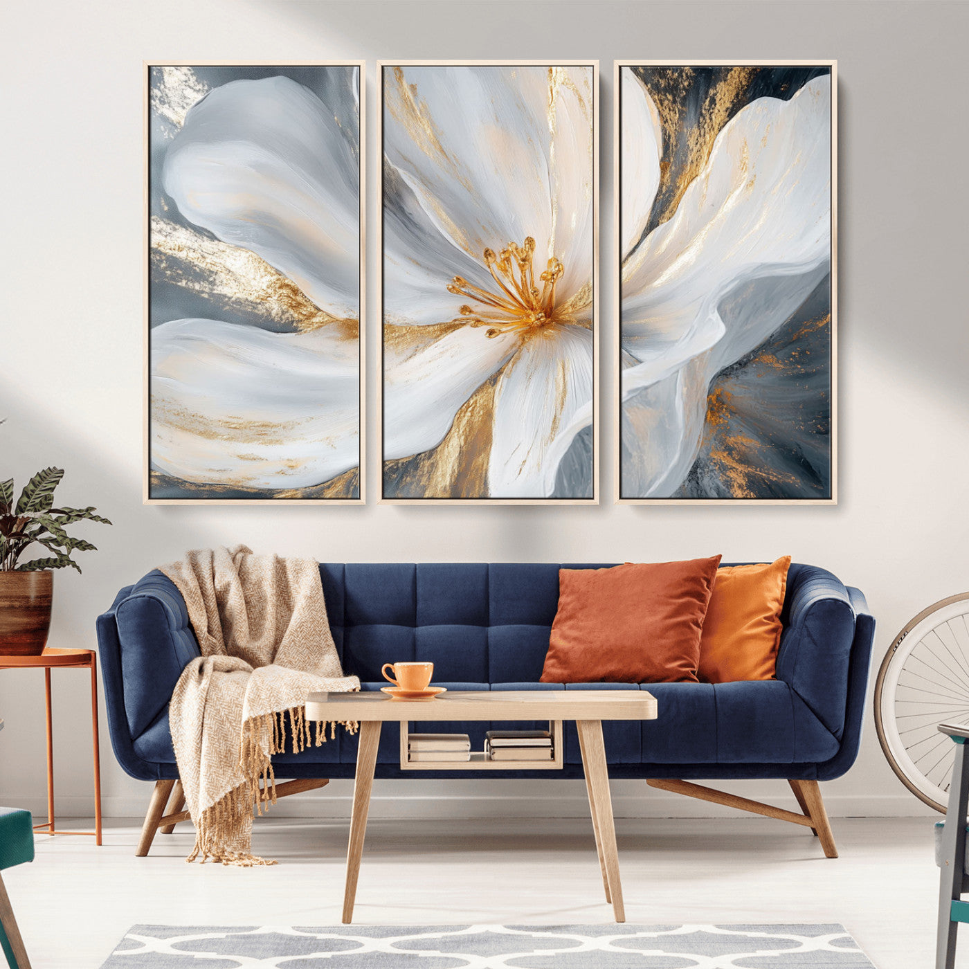 MGV-FC-48X32-3P - White and Gold Floral Canvas Wall Art - Framed and Ready to Hang - Perfect for Modern Living Rooms