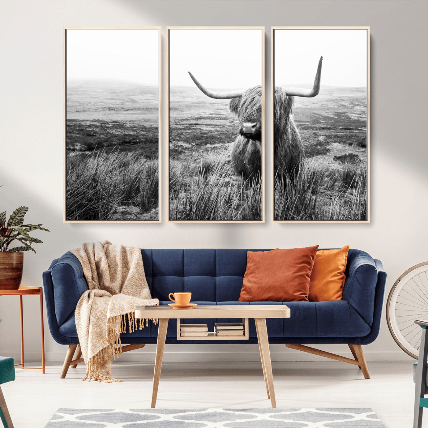 MGV-FC-48X32-3P - Scottish Highland Cow Wall Art | Black and White Canvas Print | Ready to Hang and Framed | Rustic