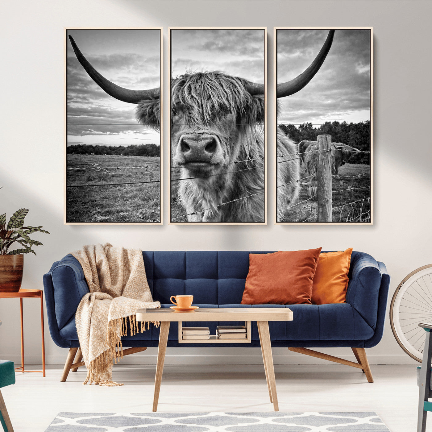 MGV-FC-48X32-3P - Scottish Highland Cow Wall Art Canvas Print | Ready to Hang and Framed | Rustic Farmhouse Decor