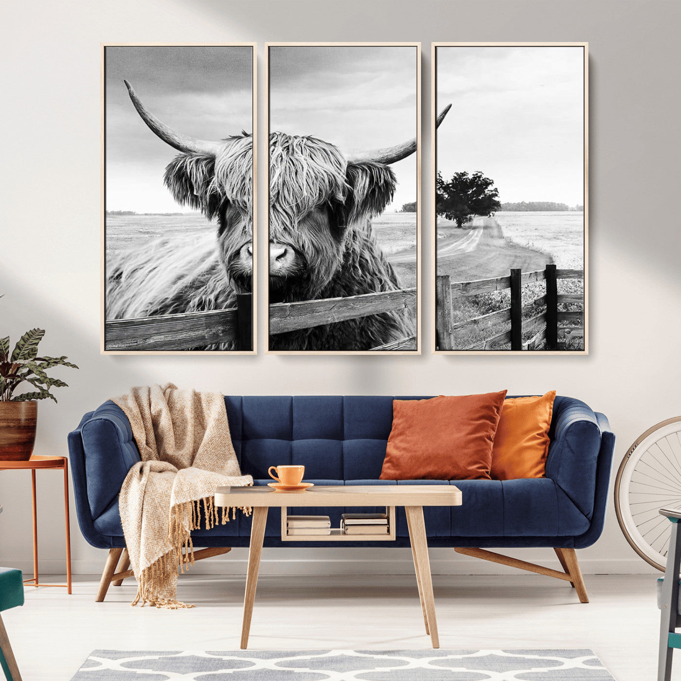 MGV-FC-48X32-3P - Scottish Highland Cow Wall Art | Rustic Farmhouse Décor | Black and White Ready to Hang Canvas Print