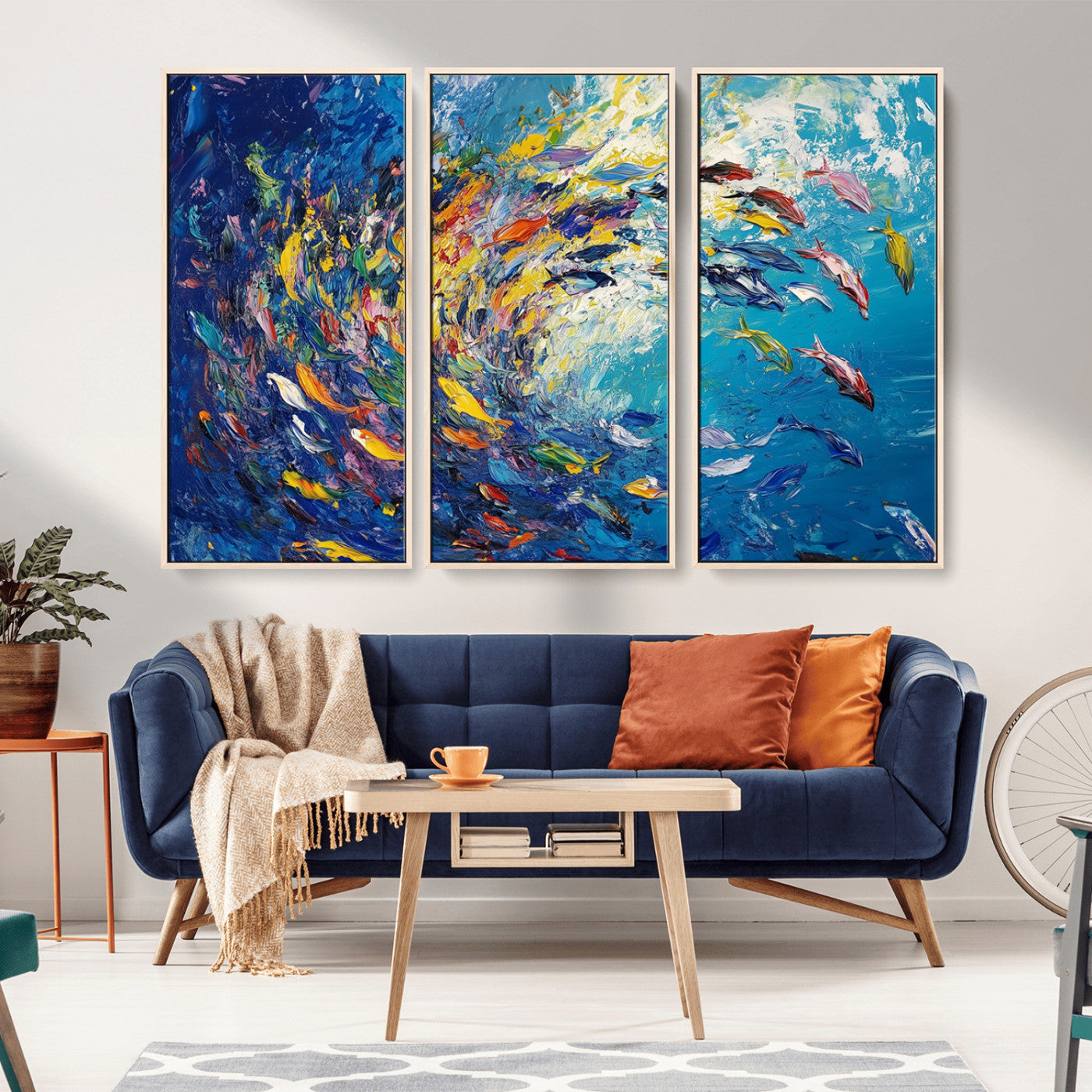 MGV-FC-48X32-3P - Colorful Swirling Fish School Wall Art Canvas Print | Oceanic Abstract Painting | Ready to Hang |