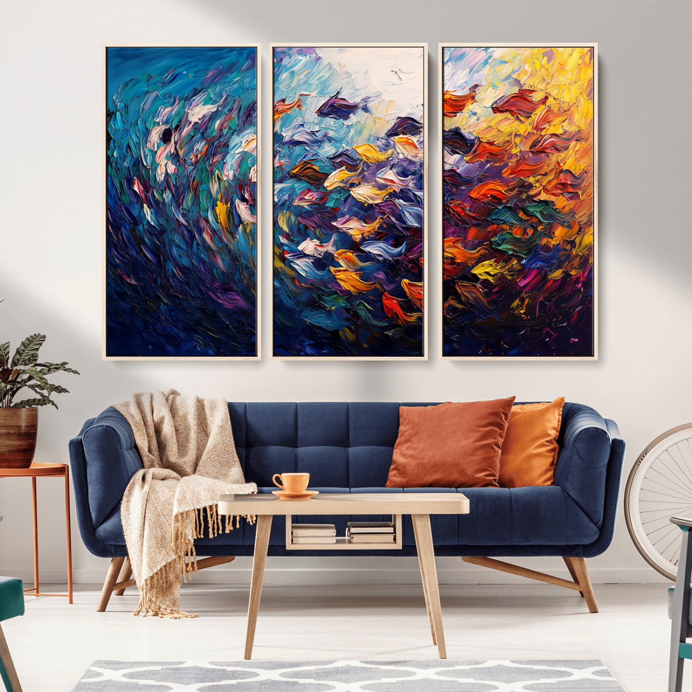 MGV-FC-48X32-3P - Vibrant Abstract Fish Swarm Art – Colorful Fish Inspired 3-Piece Canvas Wall Art for Living Room or
