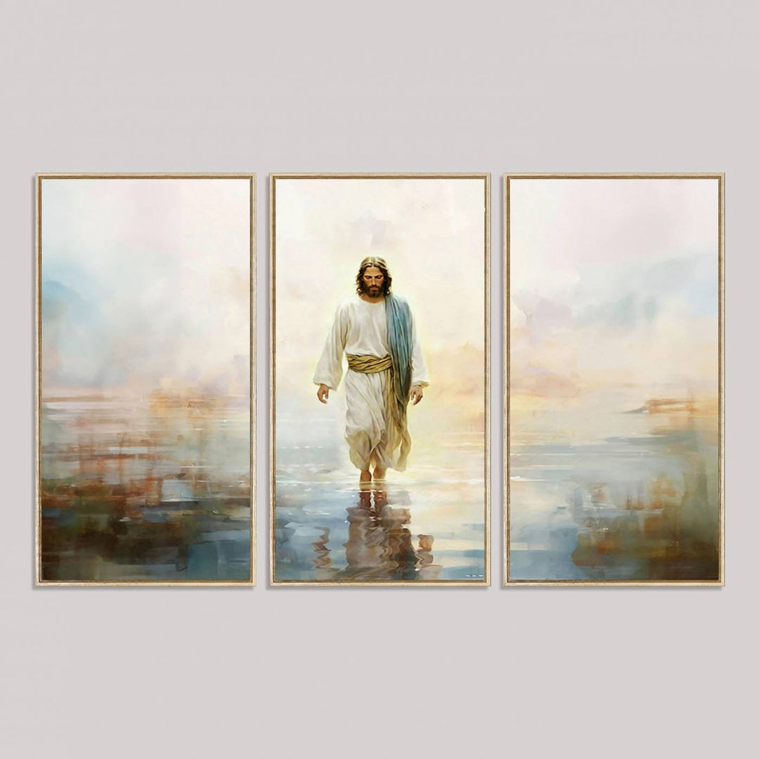 The 3-panel Framed Jesus Walking on Water Wall Art showcases a serene religious scene.