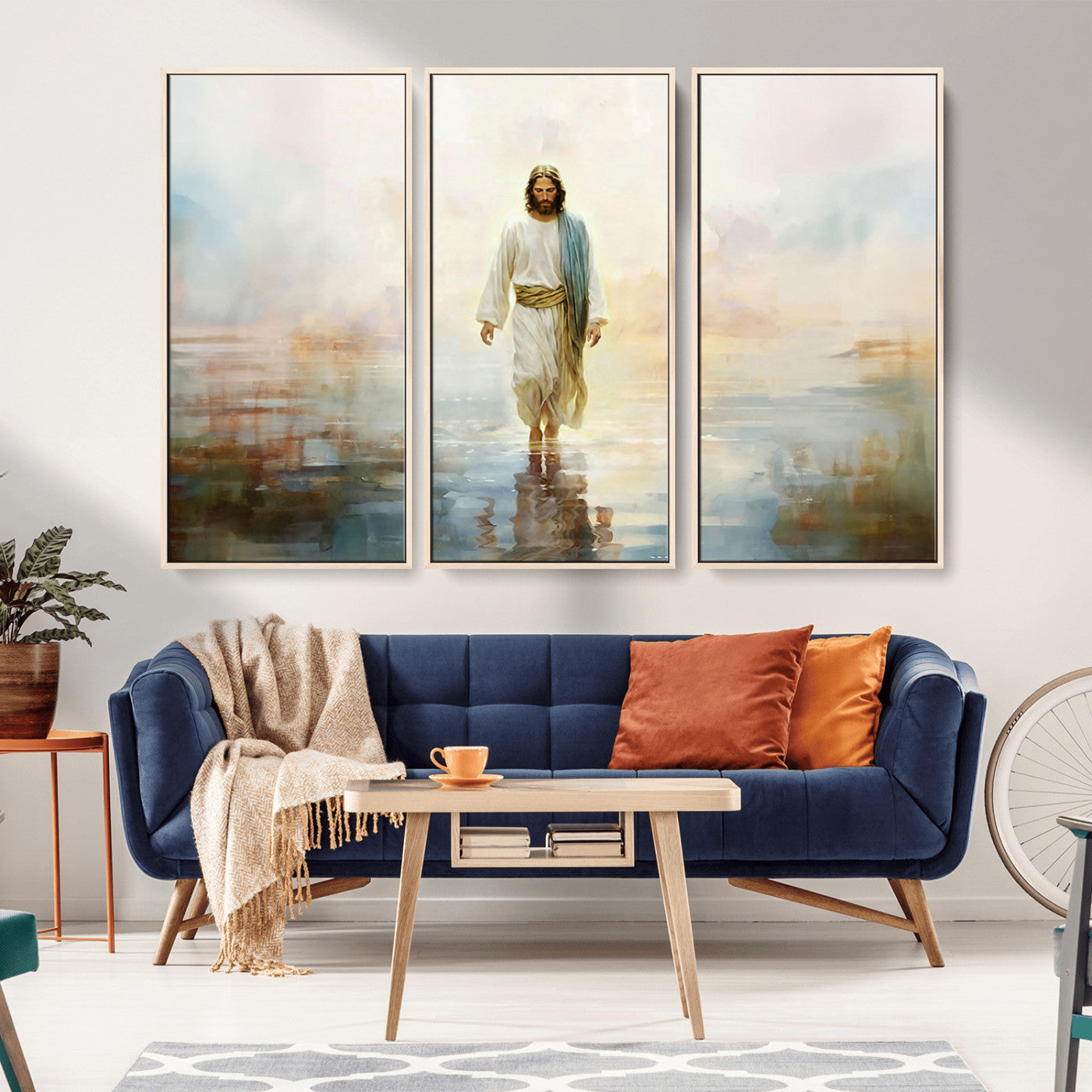 MGV-FC-48X32-3P - Framed Jesus Walking on Water Wall Art - 3-Panel Christian Canvas Prints, Religious Artwork for