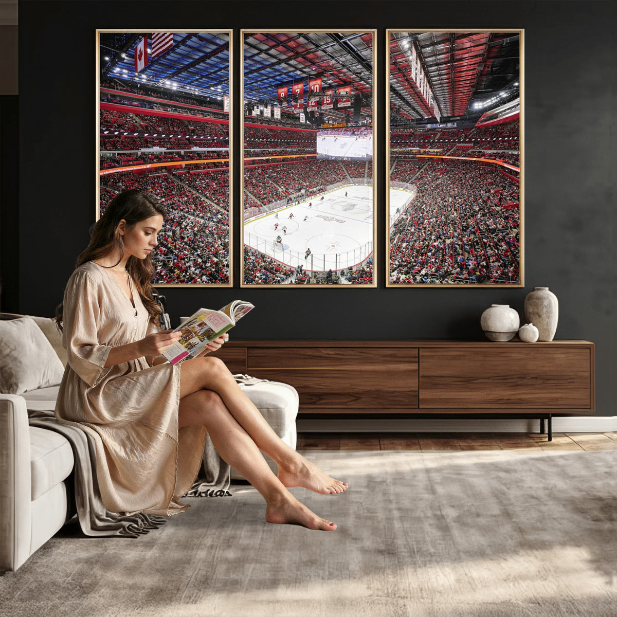 62263-MGV-CV-36X24 - Barton Malow Little Caesars Arena Detroit Wall Art Canvas Print - Detroit Hockey and Basketball
