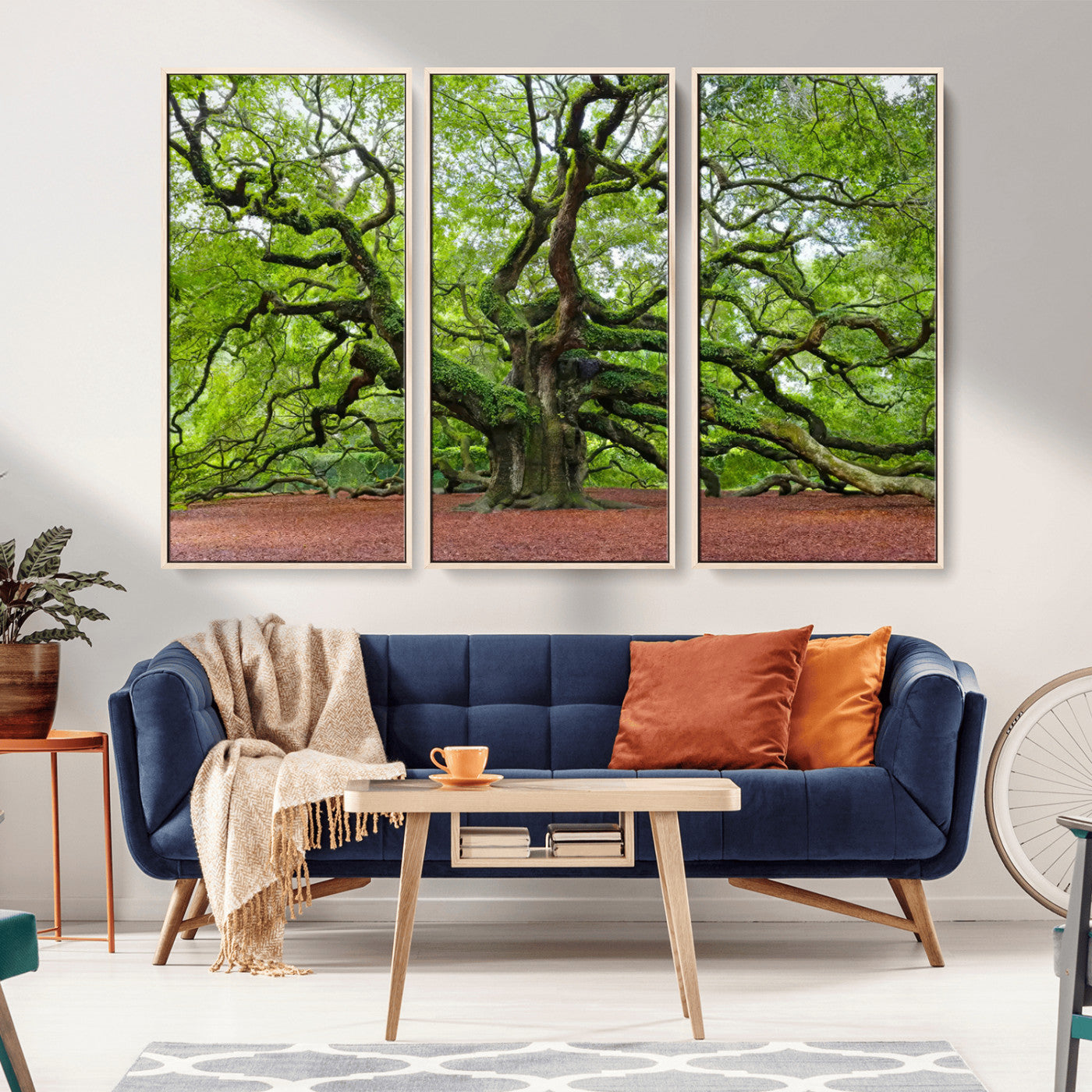 MGV-FC-48X32-3P - Framed Angel Oak Tree Wall Art - 3-Panel Canvas Prints, Large Green Nature Artwork, Ready to Hang
