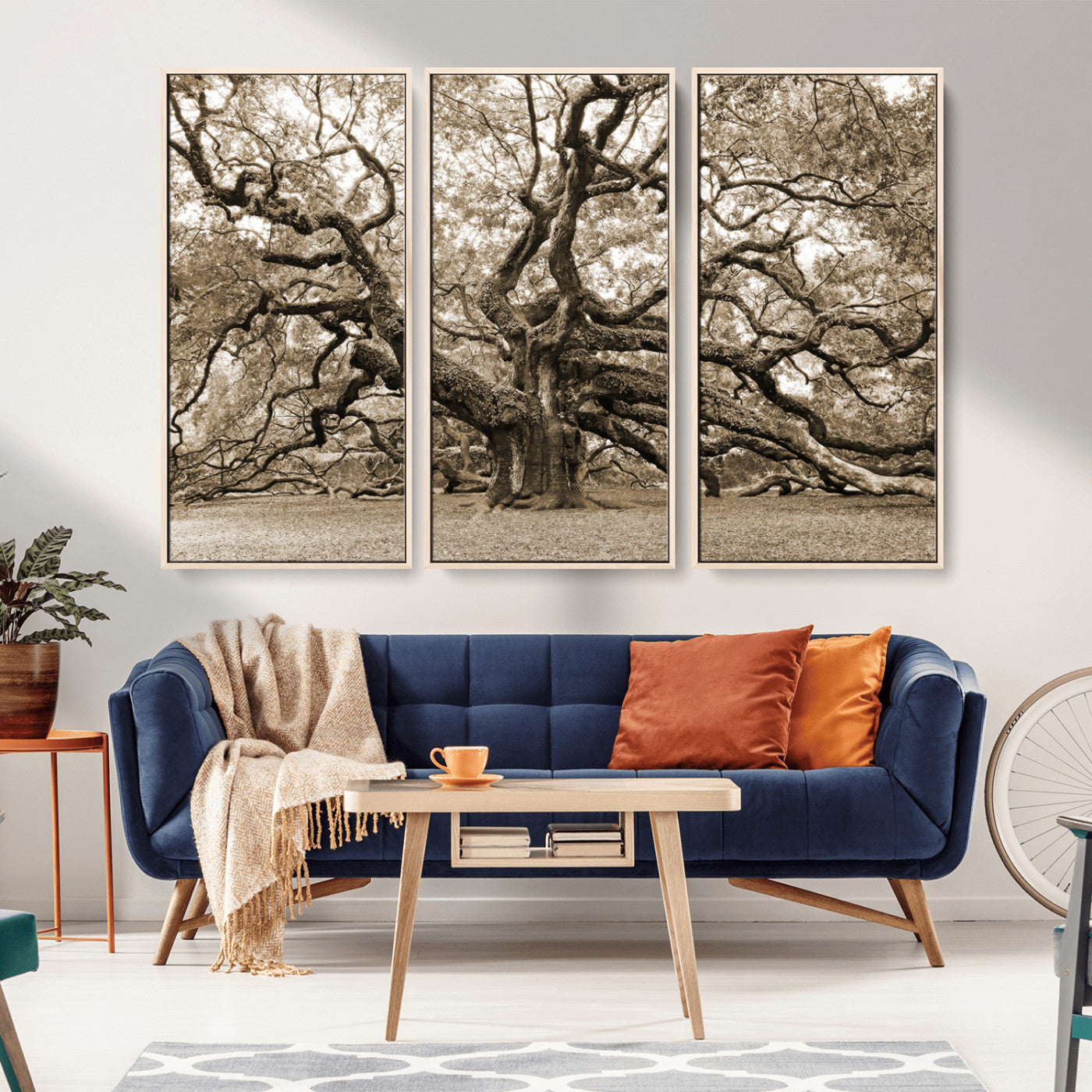 51126-MGV-CV-36X24-Sepia Framed Angel Oak Tree Wall Art - 3-Panel Canvas Prints, Large Green Nature Artwork, Ready to