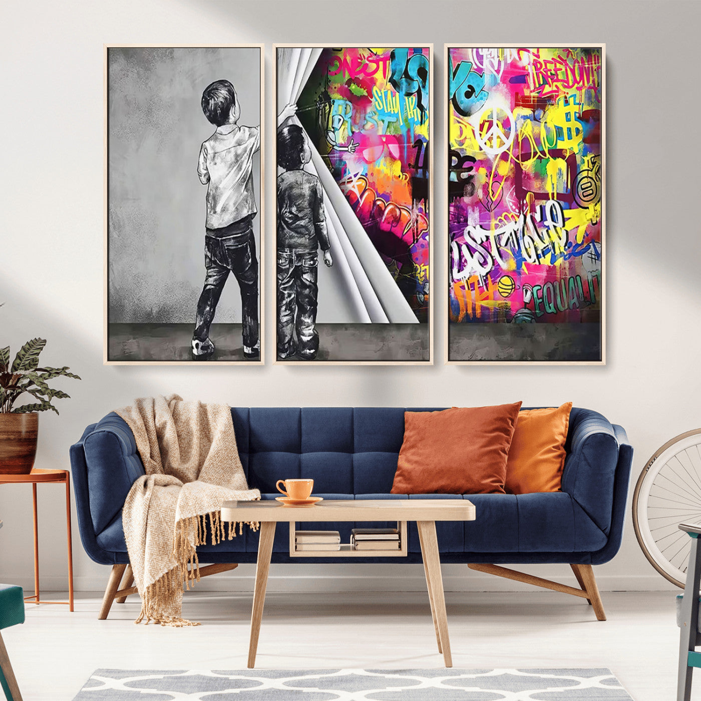 MGV-FC-48X32-3P - Banksy Print - Street Art Canvas Wall Art - Kids Revealing Graffiti, Urban Modern Decor for Living