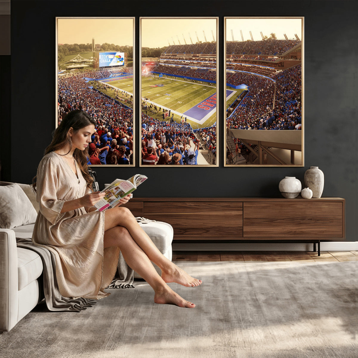 71731-MGV-CV-36X24 - University of Kansas Jayhawks Football Team Print - Lawrence Kansas Memorial Stadium Wall Art Canvas