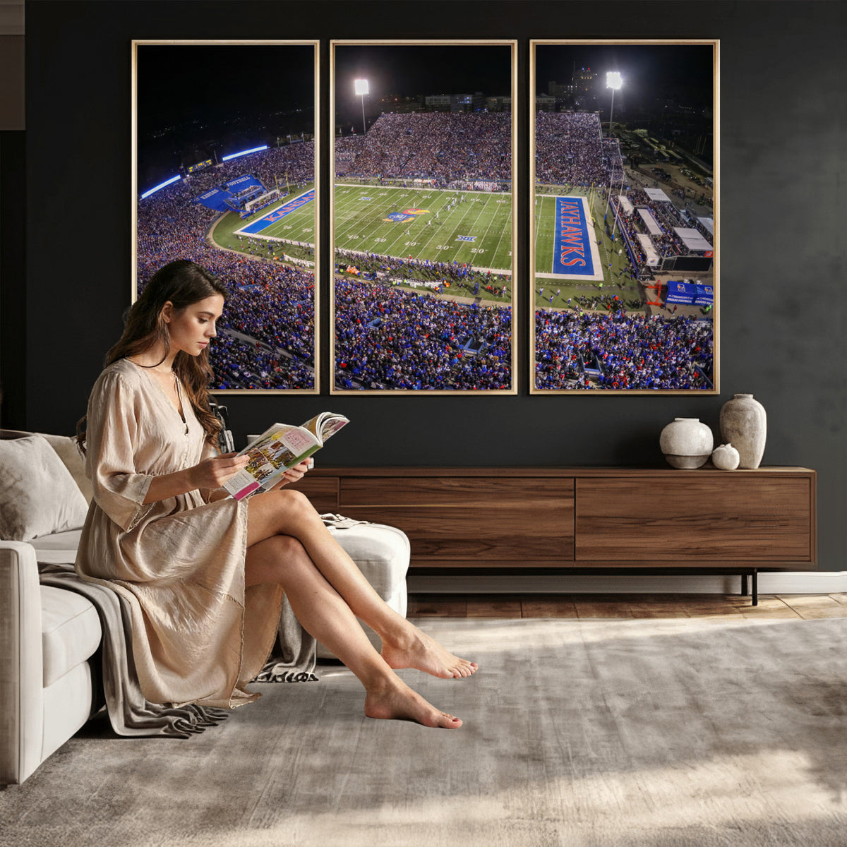 69760-MGV-CV-36X24 - University of Kansas Jayhawks Football Team Print - Lawrence Kansas Memorial Stadium Wall Art Canvas