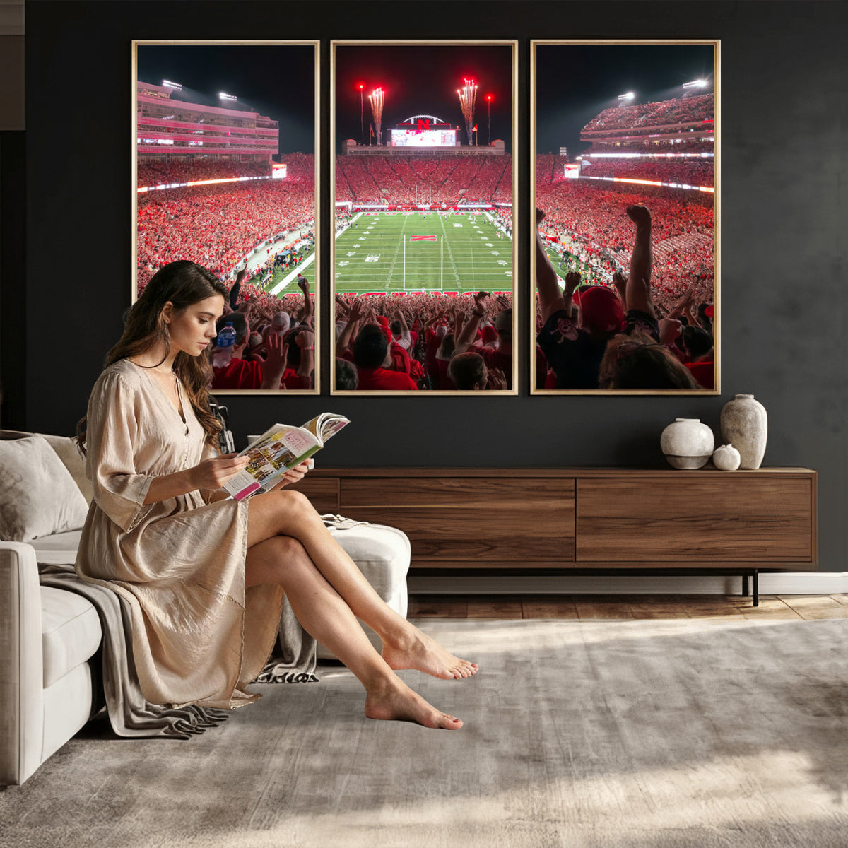 43351-MGV-CV-36X24 - University of Nebraska Cornhuskers Football Team Print - Lincoln Memorial Stadium Wall Art Canvas