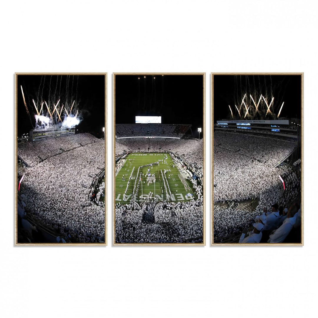 Wide-angle print of a packed stadium with fireworks, ideal gallery-quality wall art - Penn State Nittany Lions Canvas.