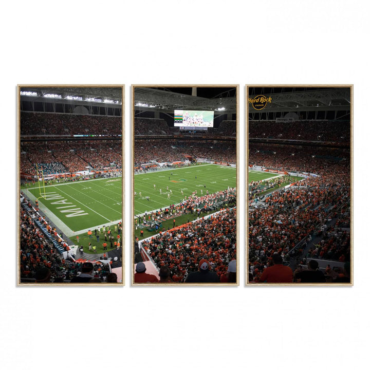 Aerial view of a Miami Hurricanes game at Hard Rock Stadium captured on canvas print, showcasing the teams on the field and fans in the stands.