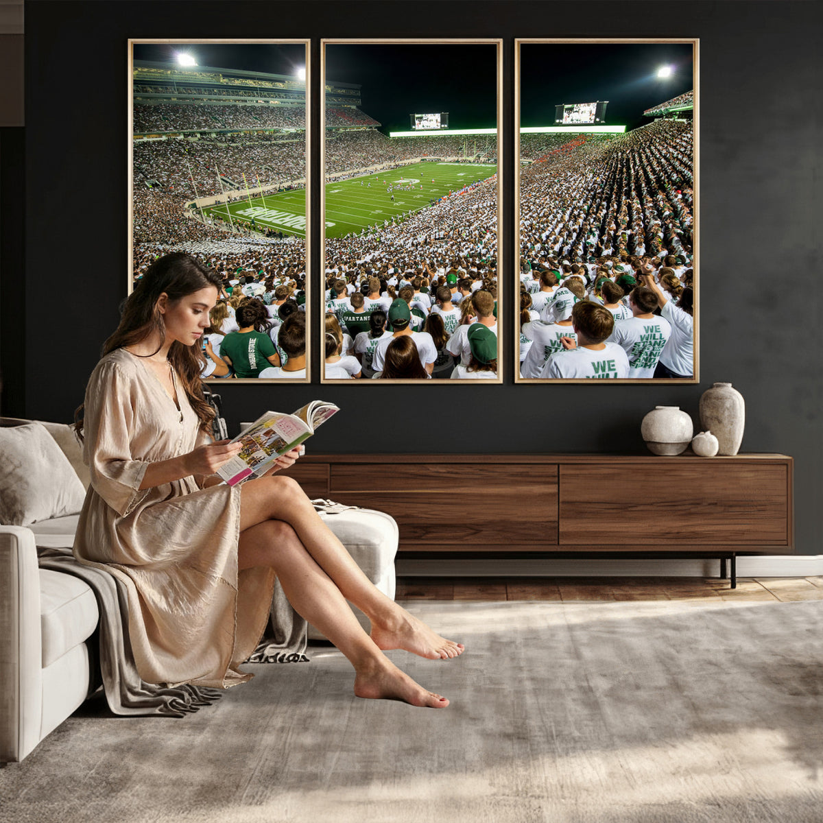30457-PAN-FL-20X10 - Michigan State Spartans Football Canvas Print - East Lansing Spartan Stadium Wall Art Canvas Print