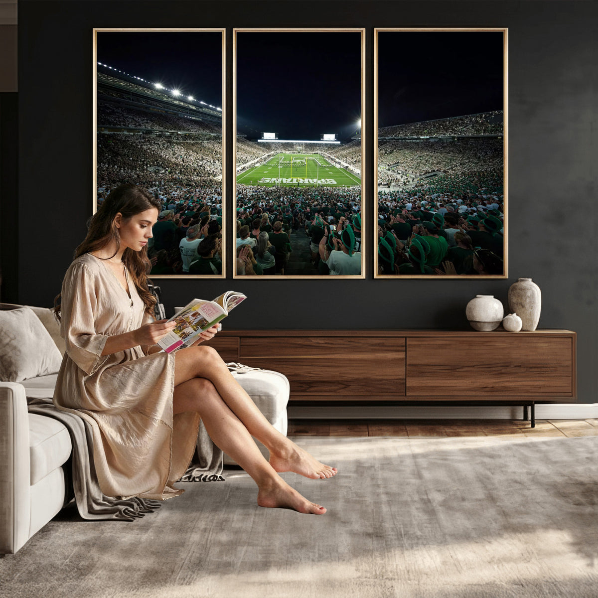 57523-PAN-FL-20X10 - Framed Michigan State Spartans Football Team Print - East Lansing Spartan Stadium Wall Art Canvas