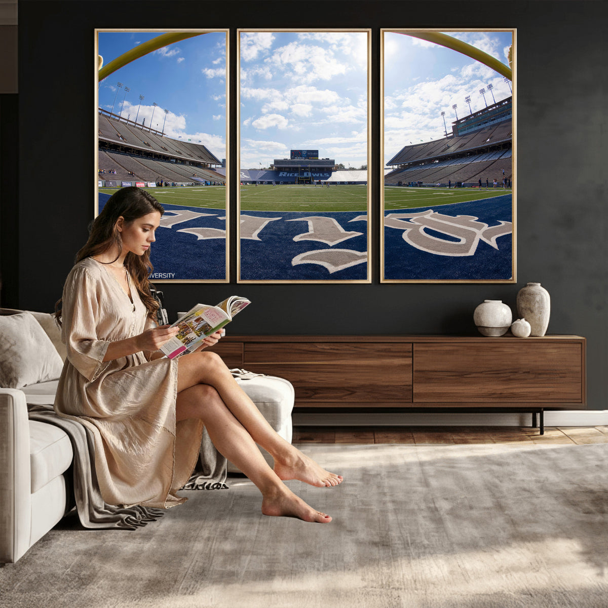 50267-MGV-CV-36X24 - Rice University Owls Football Team Print, Houston Rice Stadium, Framed and Ready to Hang