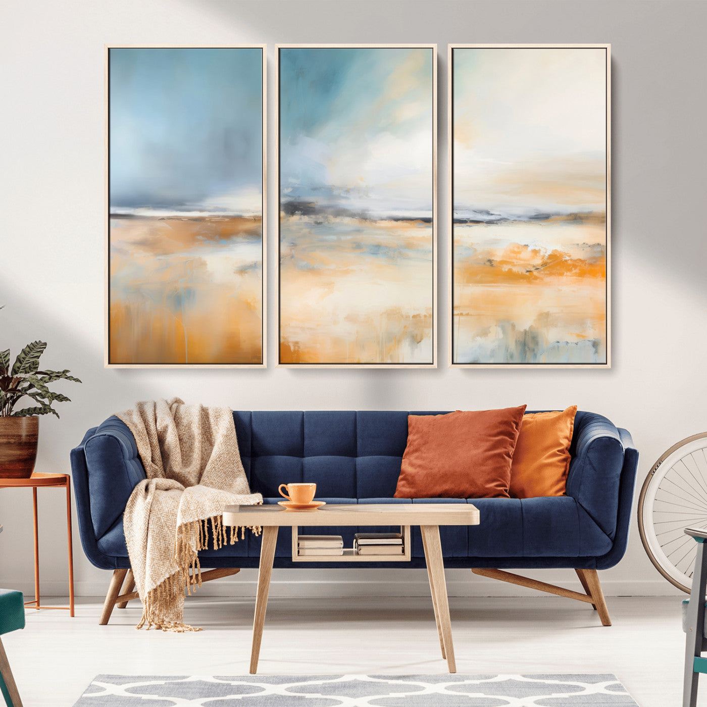 -Abstract Landscape Wall Art Canvas Print - Warm Tones of Orange and Blue, Modern Framed Art for Home
