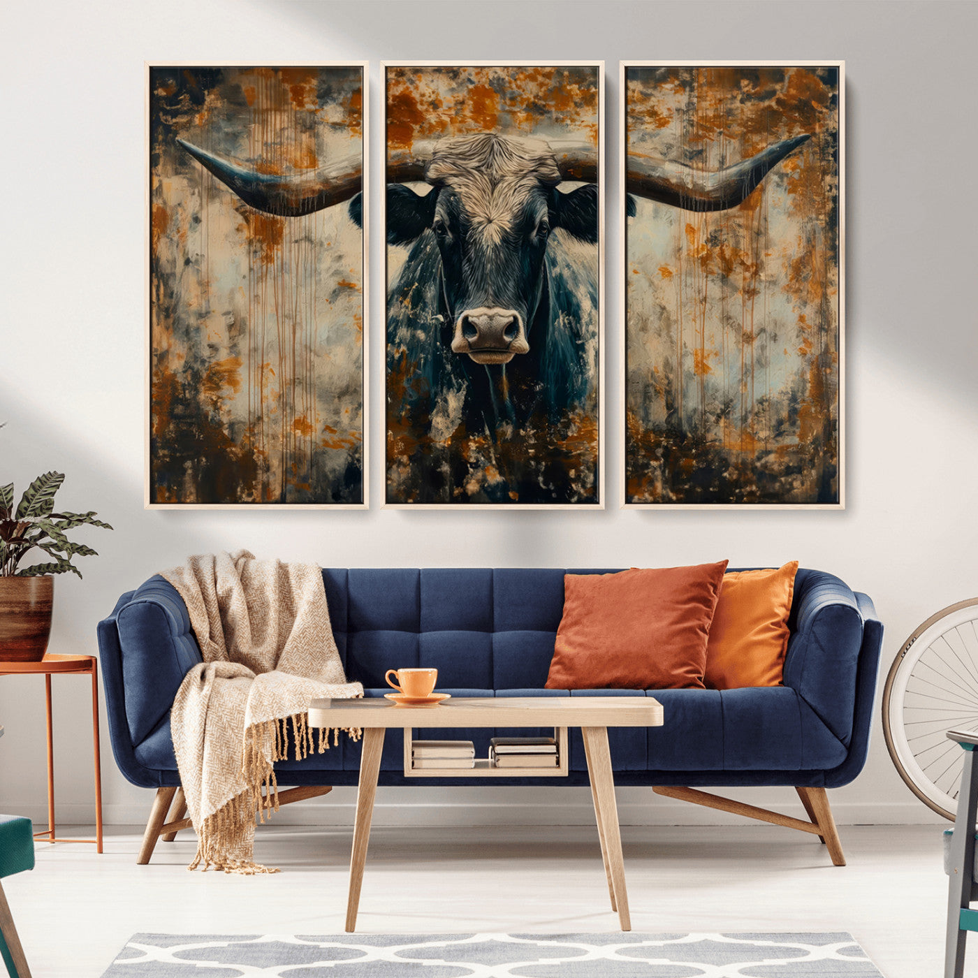 MGV-FC-48X32-3P - Abstract Longhorn Bull Wall Art | Rustic Western Wall Decor | Framed and Ready to Hang | Ideal for