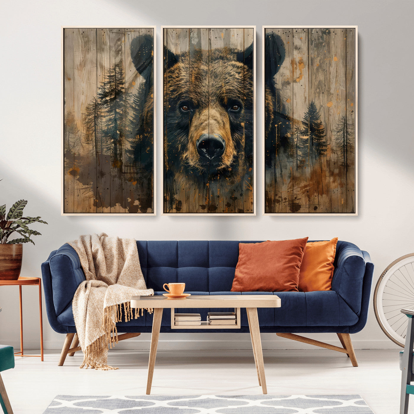 MGV-FC-48X32-3P - Abstract 399 Bear Wall Art | Rustic Cabin Wall Decor with Forest Design | Framed and Ready to Hang |
