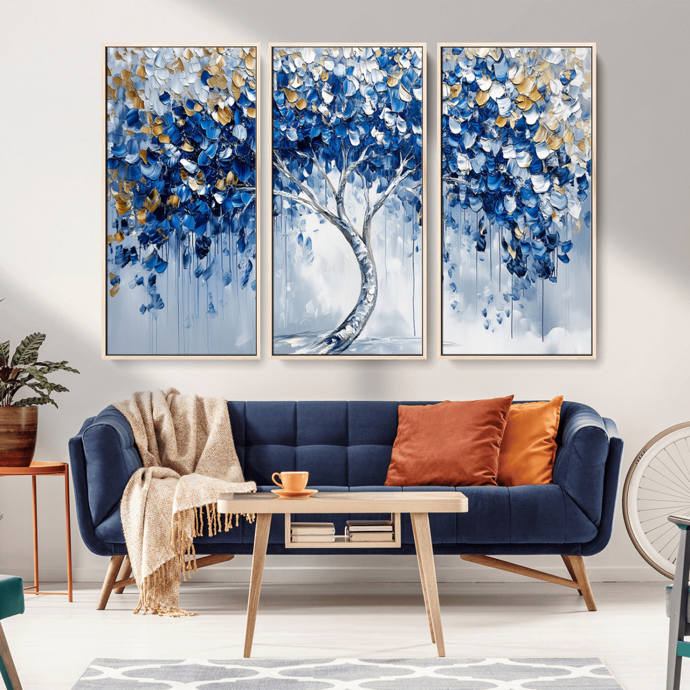 MGV-FC-48X32-3P - Blue and Gold Abstract Tree Wall Art Canvas Print | Modern Tree of Life Painting | Framed Canvas