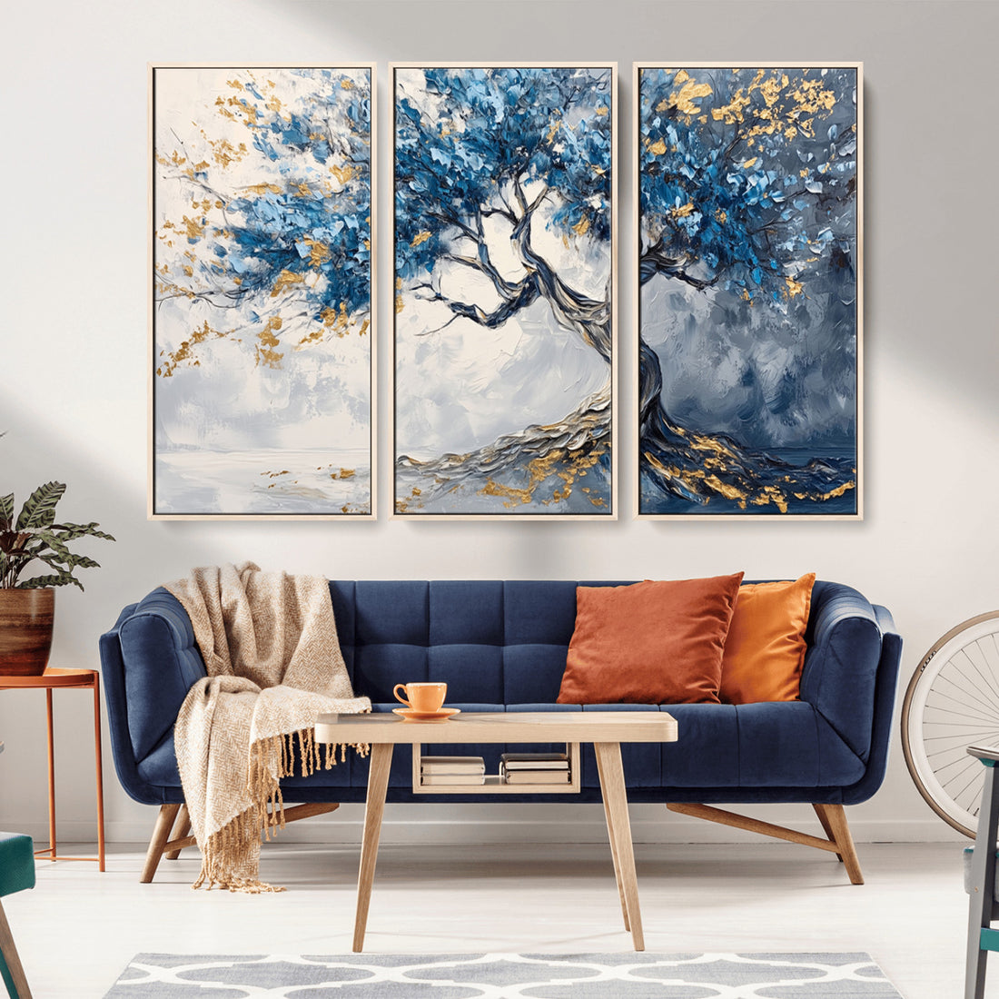 Abstract Tree Painting Canvas Wall Art | Tree of Life Print in Blue and Gold