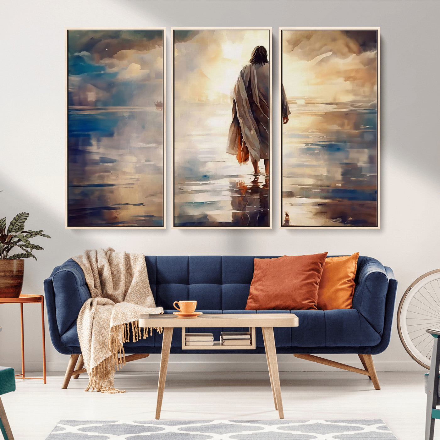 MGV-FC-48X32-3P - Jesus Walking on Water Wall Art | Ready to Hang Spiritual Triptych Canvas Print | Inspirational