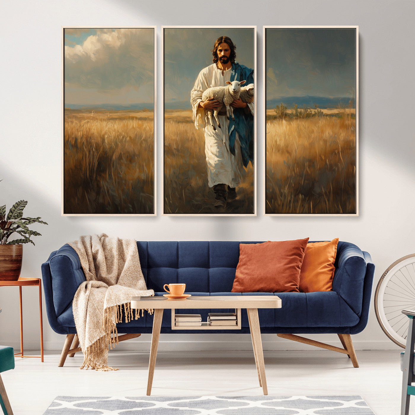 MGV-FC-48X32-3P - Jesus Shepherd Wall Art | Ready to Hang Triptych Canvas of Jesus Holding a Lamb in a Field |