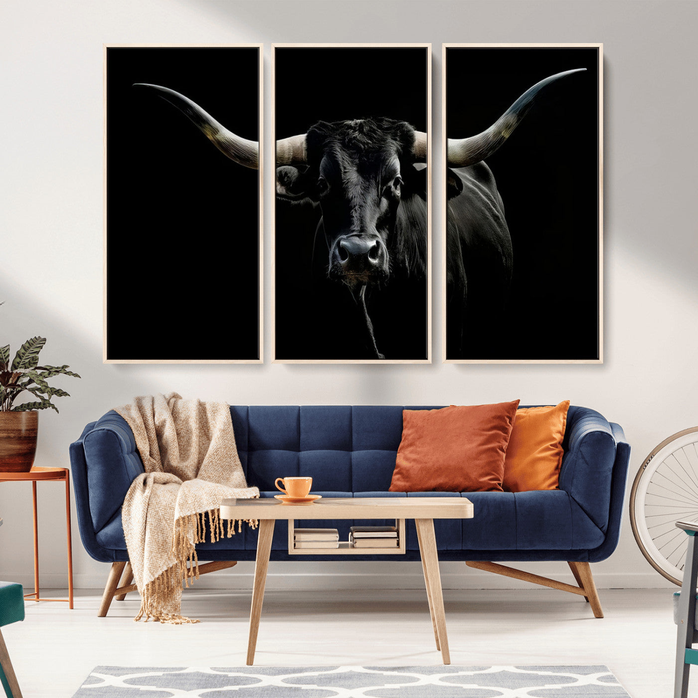 MGV-FC-48X32-3P - Texas Black Longhorn Bull Wall Art Canvas Print - Western Texas Cattle Rustic Decor Print - Longhorn