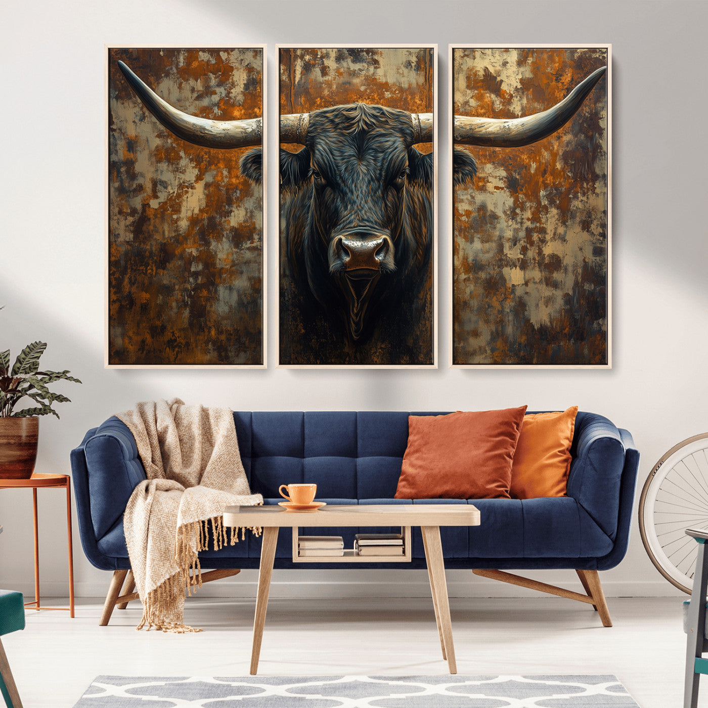 MGV-FC-48X32-3P - Longhorn Texas Cow Bull Wall Art | Rustic Farmhouse Canvas Print | Ready to Hang Barn Decor for