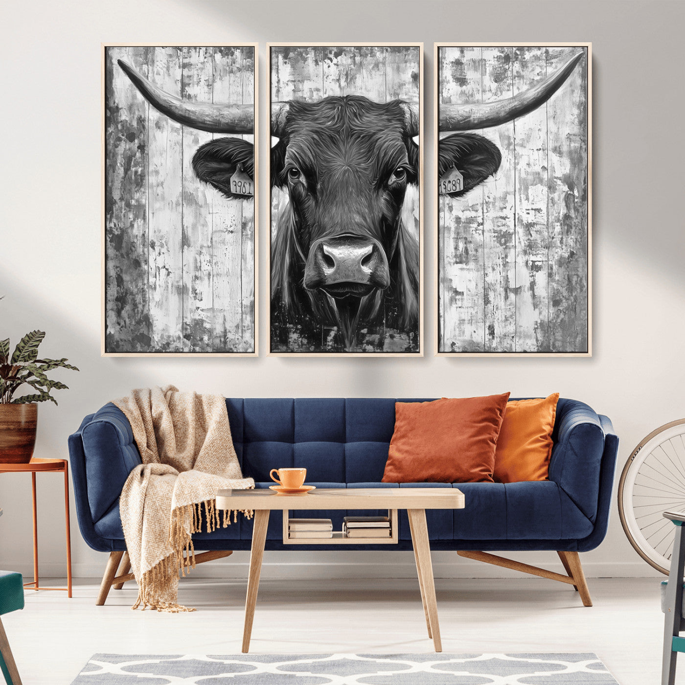 MGV-FC-48X32-3P - Abstract Longhorn Bull Wall Art Canvas Print - Rustic Texas Western Cow Artwork