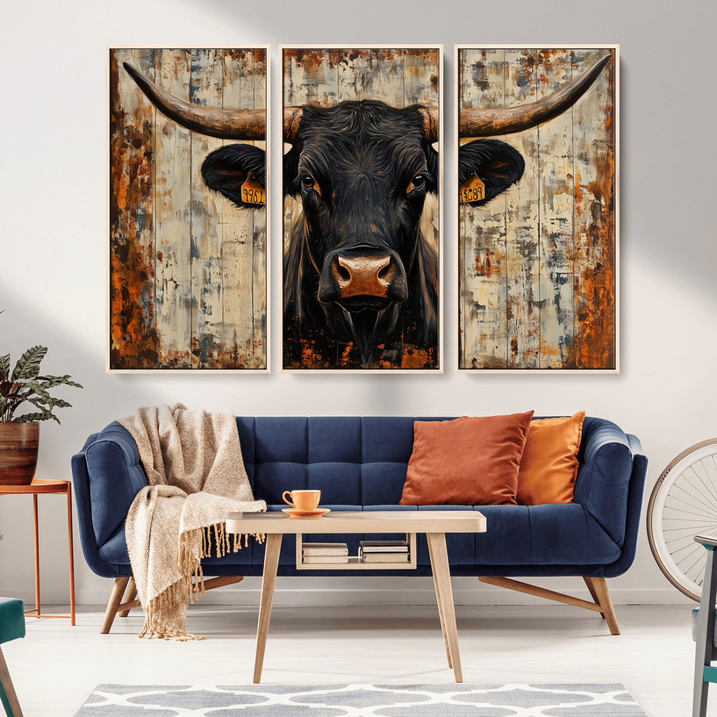 MGV-FC-48X32-3P - Rustic Texas Artwork Wall Art Canvas Print - Abstract Cow Longhorn Bull Wall Art Canvas Print