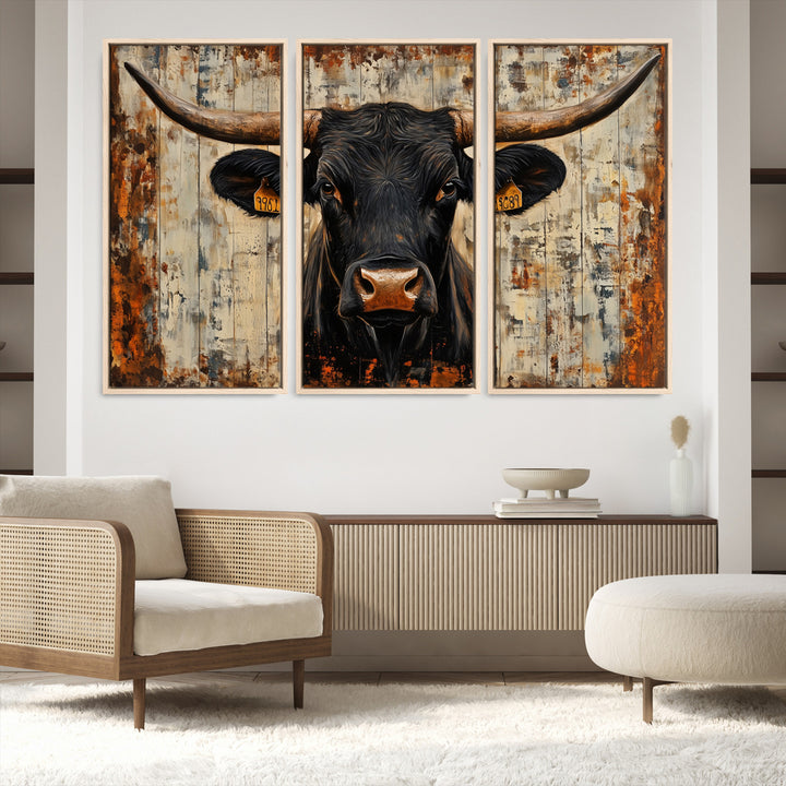 Rustic Texas Artwork Wall Art Canvas Print - Abstract Cow Longhorn Bull Wall Art Canvas Print
