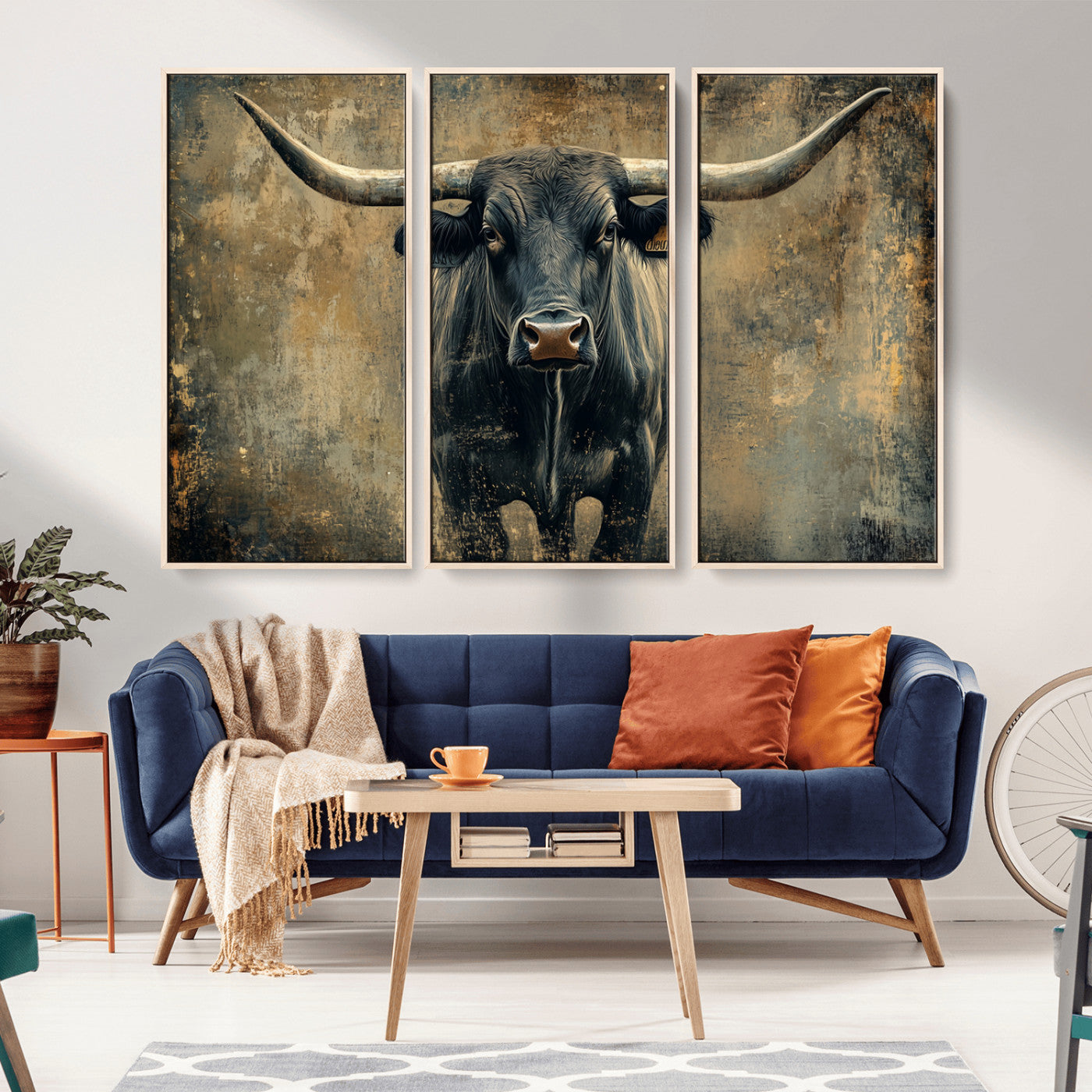 MGV-FC-48X32-3P - Longhorn Bull Wall Art Canvas Print, Framed Rustic Cow Art Picture Print, Texas Longhorn Perfect Western Decor Artwork