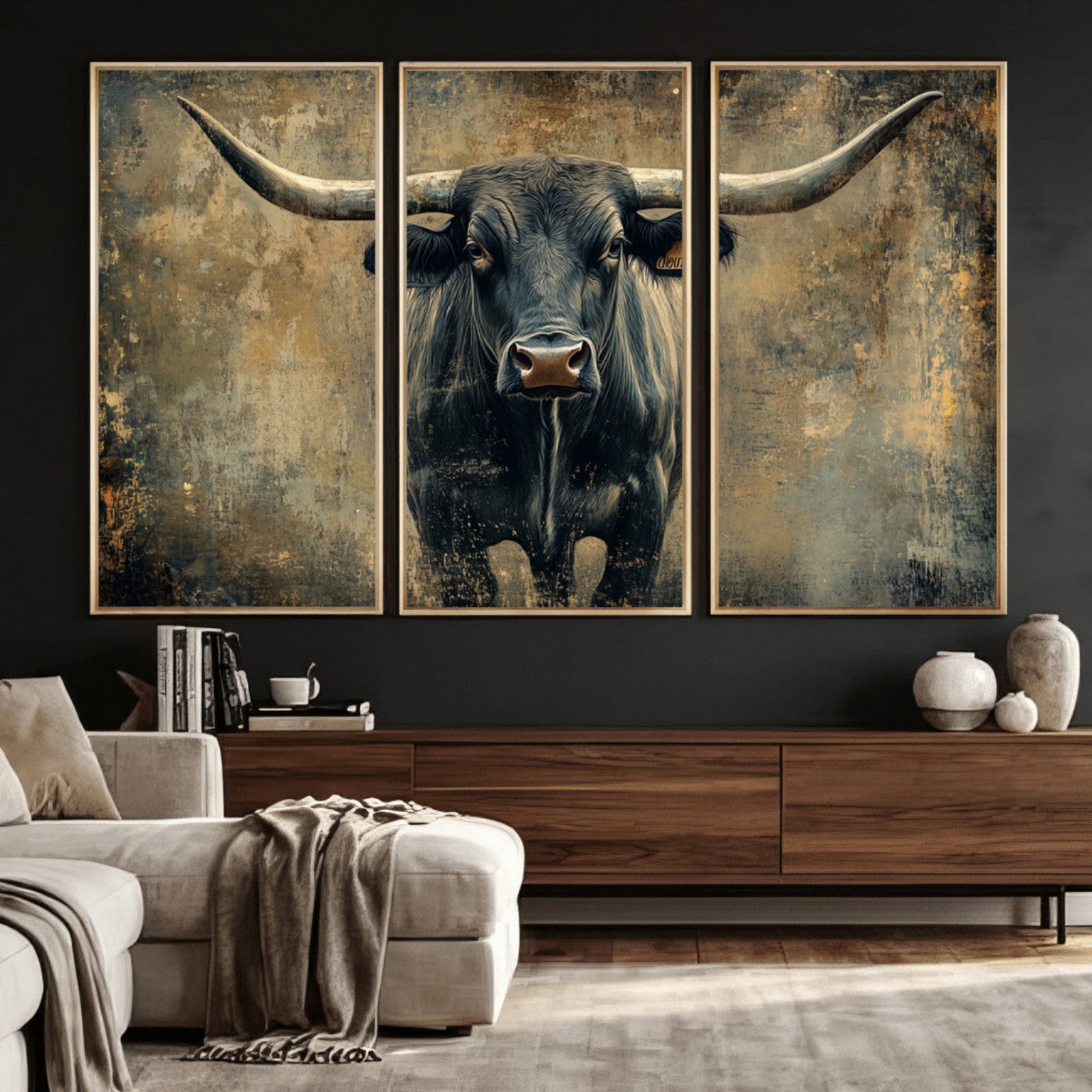 57385-MGV-CV-36X24 - Longhorn Bull Wall Art Canvas Print, Framed Rustic Cow Art Picture Print, Texas Longhorn Perfect Western Decor Artwork