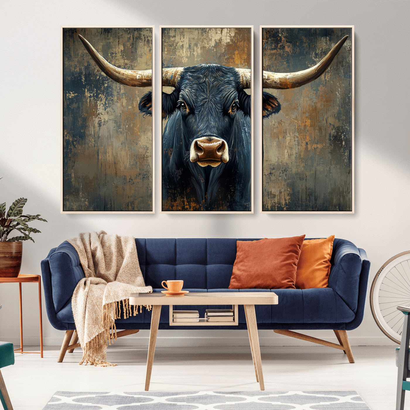 MGV-FC-48X32-3P - Texas Western Wall Art Canvas Print - Abstract Cow Longhorn Bull Wall Art Canvas Print - Rustic Cow