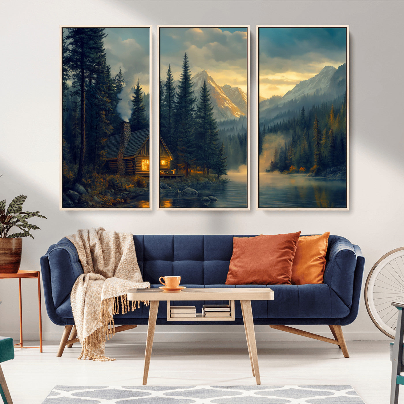 MGV-FC-48X32-3P - Mountain Cabin by the Lake at Sunset Wall Art - Serene Nature Canvas Print for Living Room Decor,