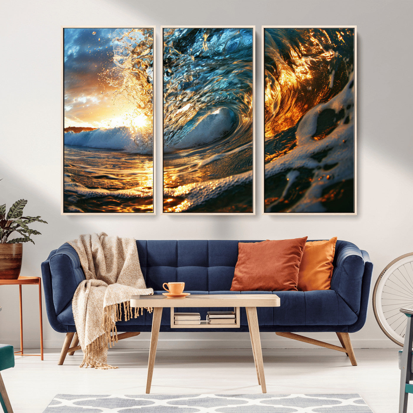 MGV-FC-48X32-3P - Ocean Wave at Sunset Canvas Wall Art – Vibrant Coastal Beach Waves Print, Large Nautical Decor,