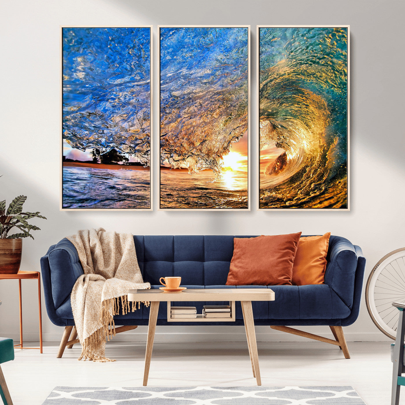 MGV-FC-48X32-3P - Ocean Wave at Sunset Canvas Wall Art – Vibrant Coastal Beach Waves Print, Large Nautical Decor,