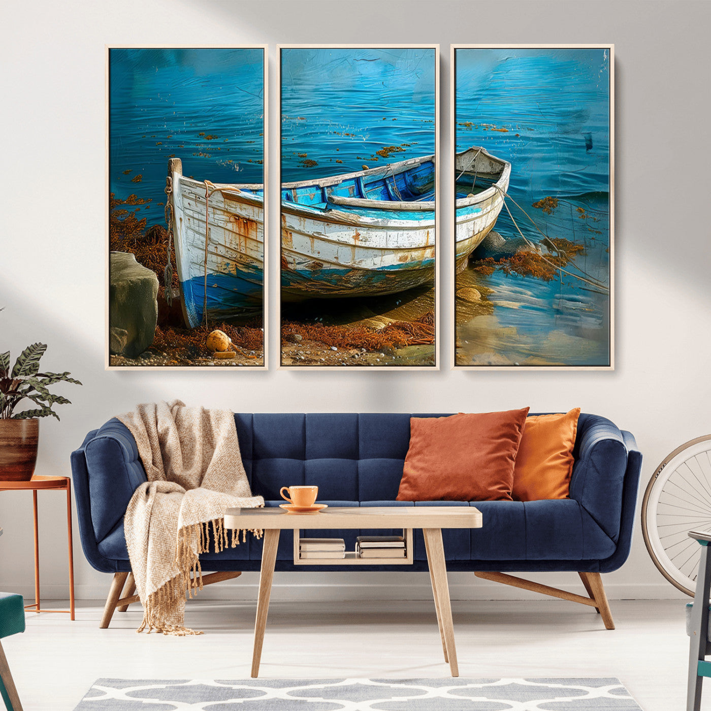 MGV-FC-48X32-3P - Vintage Boat on Tranquil Waters | Coastal Wall Art for Nautical Decor | Rustic Triptych Canvas Print