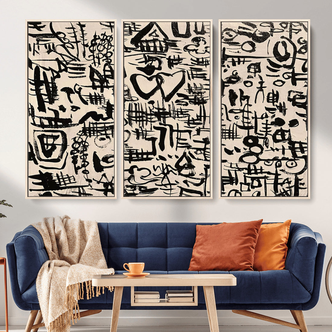 Abstract Love and Chaos Canvas Print, Black Symbols on Beige