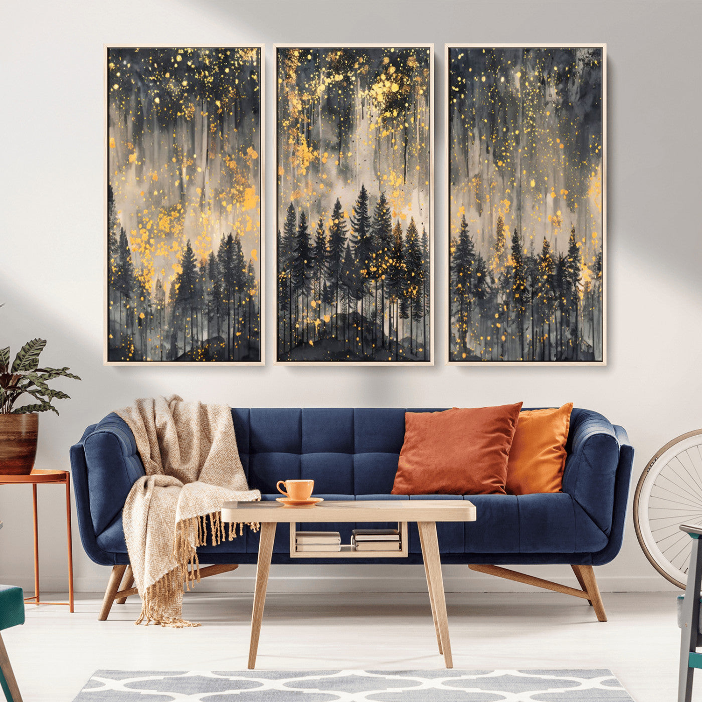 MGV-FC-48X32-3P - Golden Forest Abstract Wall Art | Dark Forest with Gold Splatter Accents | Triptych Ready to Hang