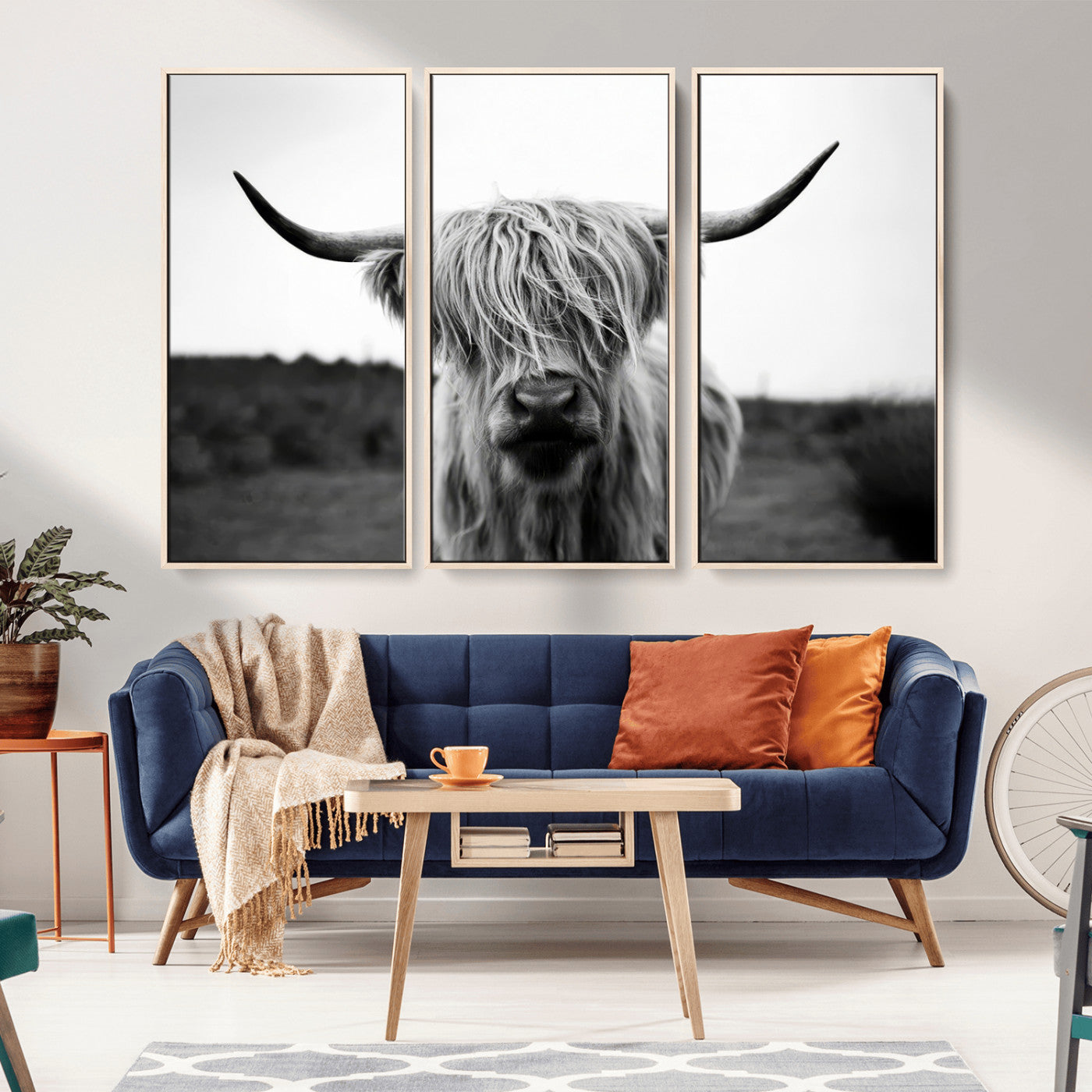 MGV-FC-48X32-3P - Highland Cow Wall Art | Black and White Farmhouse Decor | Triptych Canvas Print | Rustic Barn Decor
